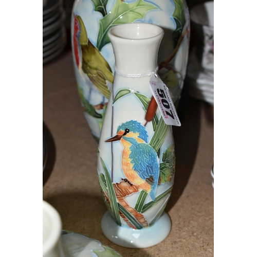 507 - THREE OLD TUPTON WARE VASES, two tube lined with robins in holly, another with a kingfisher, height ... 