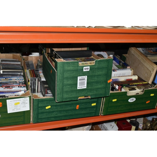 510 - FIVE BOXES AND LOOSE BOOKS, CDS AND DVDS, to include three boxes of hardback and paperback books on ... 