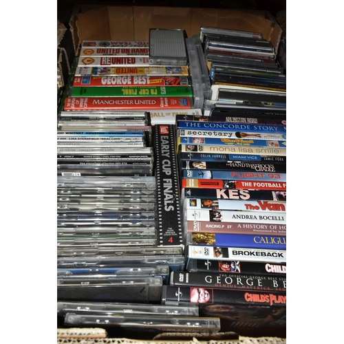 510 - FIVE BOXES AND LOOSE BOOKS, CDS AND DVDS, to include three boxes of hardback and paperback books on ... 