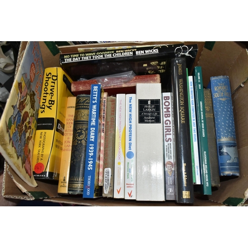 510 - FIVE BOXES AND LOOSE BOOKS, CDS AND DVDS, to include three boxes of hardback and paperback books on ... 