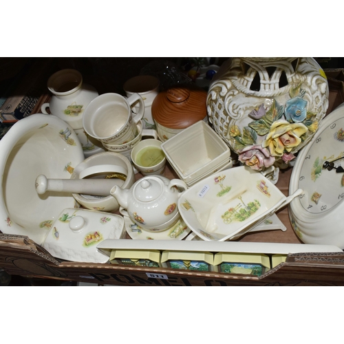 511 - TWO BOXES OF CERAMICS AND GLASS, to include a quantity of Aynsley 'Edwardian Kitchen Garden', a Galw... 