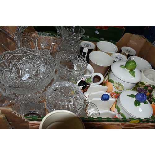 511 - TWO BOXES OF CERAMICS AND GLASS, to include a quantity of Aynsley 'Edwardian Kitchen Garden', a Galw... 