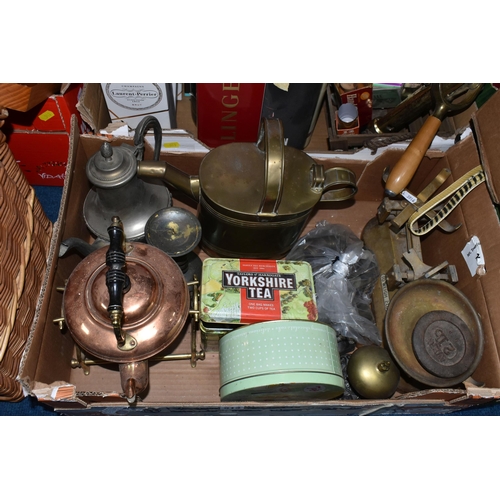 513 - FOUR BOXES OF METALWARE AND SUNDRY ITEMS, to include a copper and brass kettle with burner stand, a ... 