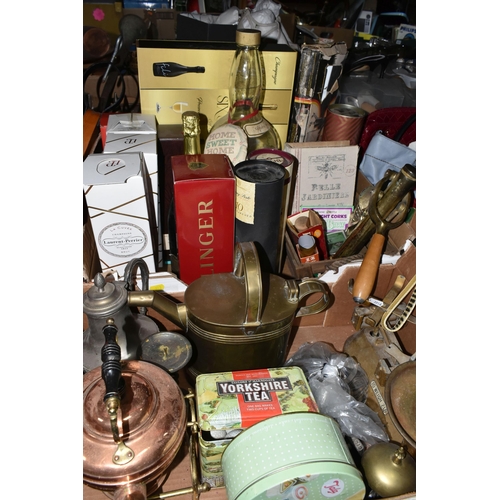 513 - FOUR BOXES OF METALWARE AND SUNDRY ITEMS, to include a copper and brass kettle with burner stand, a ... 