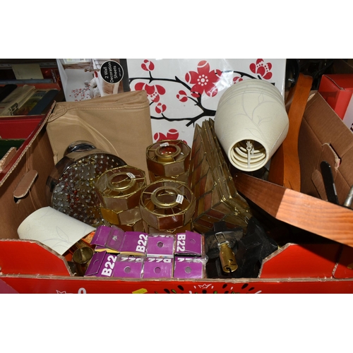 513 - FOUR BOXES OF METALWARE AND SUNDRY ITEMS, to include a copper and brass kettle with burner stand, a ... 