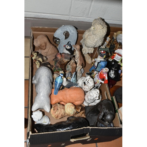 519 - TWO BOXES OF CERAMICS AND ORNAMENTS, to include cat figurines, shire horse and cart, bronzed resin f... 