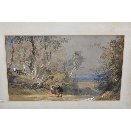 522 - ATTRIBUTED TO JAMES BAKER PYNE (1800-1870) AN ENGLISH SCHOOL LANDSCAPE, figures are resting on a woo... 