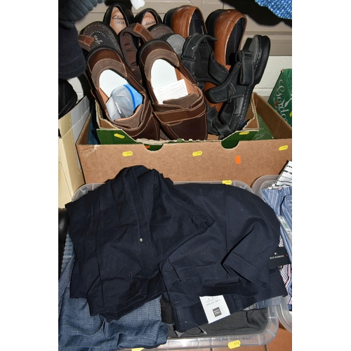 524 - SEVEN BOXES OF MEN'S SHIRTS, SHOES, SWEATERS AND CLOTHING, to include a large quantity of assorted l... 