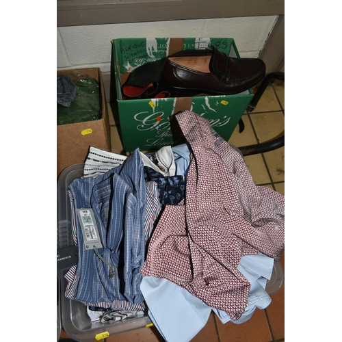 524 - SEVEN BOXES OF MEN'S SHIRTS, SHOES, SWEATERS AND CLOTHING, to include a large quantity of assorted l... 