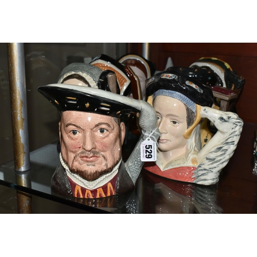 529 - LARGE ROYAL DOULTON KING HENRY VIII AND HIS WIVES CHARACTER JUGS, comprising Henry VIII D6642, Cathe... 