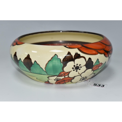 533 - A CLARICE CLIFF FANTASQUE 'LIMBERLOST' PATTERN BOWL, shape 55, painted with flowers and trees in a l... 