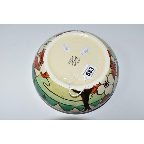 533 - A CLARICE CLIFF FANTASQUE 'LIMBERLOST' PATTERN BOWL, shape 55, painted with flowers and trees in a l... 