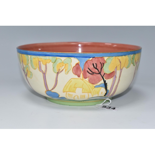 534 - A CLARICE CLIFF FANTASQUE 'TROPIC' PATTERN BOWL, painted with a stylised tropical landscape of house... 