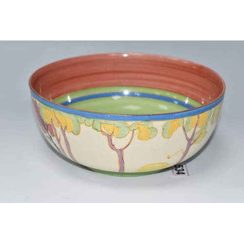 534 - A CLARICE CLIFF FANTASQUE 'TROPIC' PATTERN BOWL, painted with a stylised tropical landscape of house... 