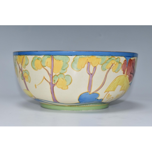 534 - A CLARICE CLIFF FANTASQUE 'TROPIC' PATTERN BOWL, painted with a stylised tropical landscape of house... 