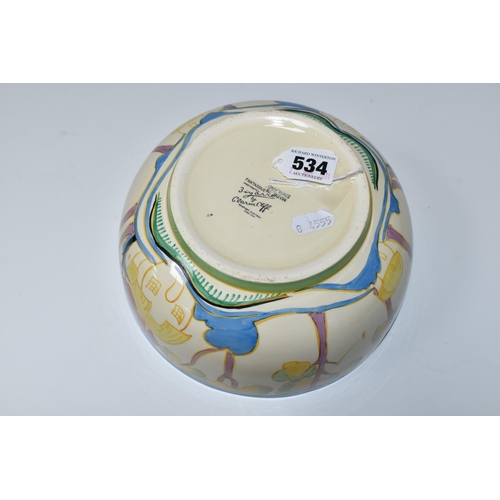 534 - A CLARICE CLIFF FANTASQUE 'TROPIC' PATTERN BOWL, painted with a stylised tropical landscape of house... 