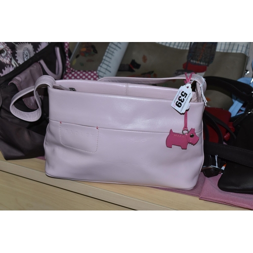 539 - A COLLECTION OF SIX RADLEY HANDBAGS, TWO PURSES AND A MATCHING YOSHI HANDBAG AND PURSE, comprising a... 