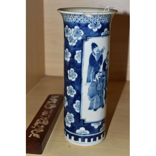 540 - A 19TH CENTURY CHINESE BLUE AND WHITE PORCELAIN SLEEVE VASE WITH FLARED RIM, decorated with two pane... 