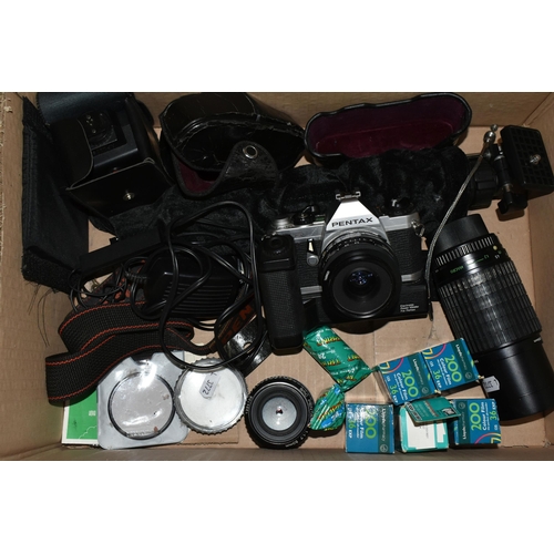 542 - A BOX OF PHOTOGRAPHIC EQUIPMENT, to include a Pentax MG 35mm camera fitted with a Tamron f2.5 28mm l... 