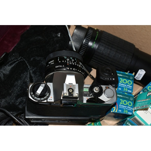 542 - A BOX OF PHOTOGRAPHIC EQUIPMENT, to include a Pentax MG 35mm camera fitted with a Tamron f2.5 28mm l... 