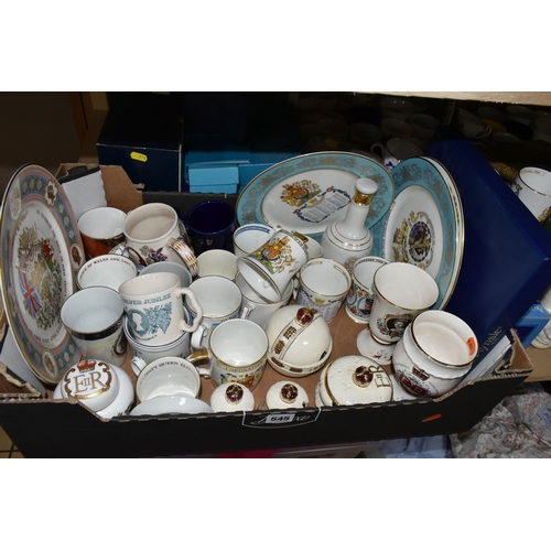 545 - FOUR BOXES OF ROYAL COMMEMORATIVE CERAMICS, to include a 1953 Wedgwood & Co. Ltd preserve pot in the... 