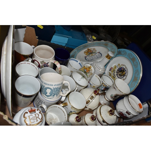 545 - FOUR BOXES OF ROYAL COMMEMORATIVE CERAMICS, to include a 1953 Wedgwood & Co. Ltd preserve pot in the... 