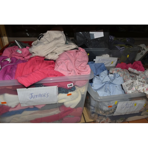 546 - FOUR BOXES OF LADIES' CLOTHING, to include sweaters, cashmere cardigans, trousers, packaged tights, ... 