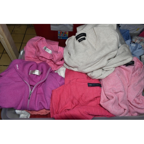 546 - FOUR BOXES OF LADIES' CLOTHING, to include sweaters, cashmere cardigans, trousers, packaged tights, ... 