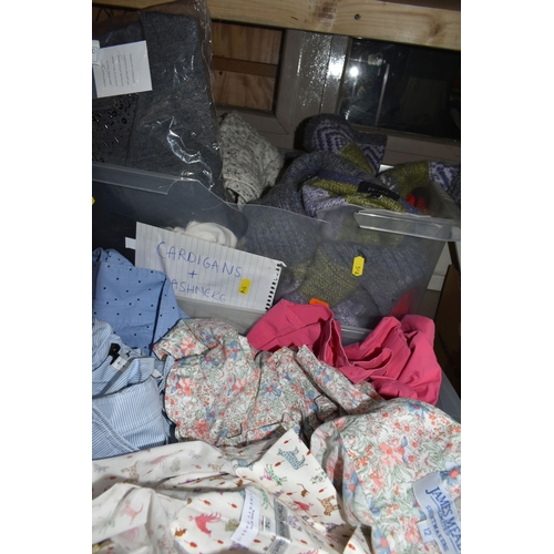 546 - FOUR BOXES OF LADIES' CLOTHING, to include sweaters, cashmere cardigans, trousers, packaged tights, ... 