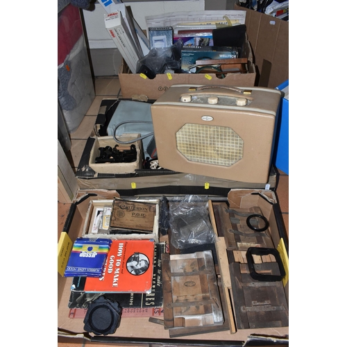 549 - THREE BOXES OF MISCELLANEOUS SUNDRIES, to include a large vintage Roberts portable radio type CR- se... 