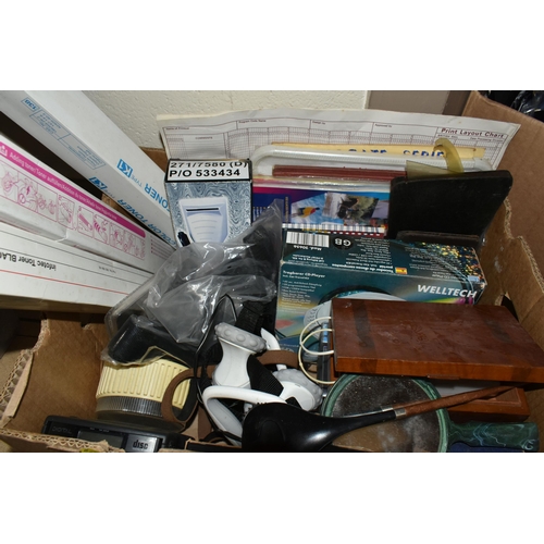 549 - THREE BOXES OF MISCELLANEOUS SUNDRIES, to include a large vintage Roberts portable radio type CR- se... 