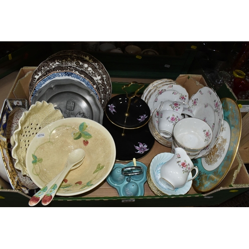 552 - THREE BOXES OF TEAWARES, GLASS AND ORNAMENTS ETC, to include Melba rose pattern part tea set, Minton... 