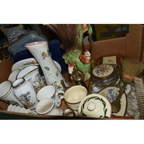 552 - THREE BOXES OF TEAWARES, GLASS AND ORNAMENTS ETC, to include Melba rose pattern part tea set, Minton... 