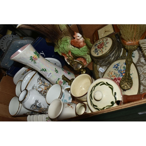 552 - THREE BOXES OF TEAWARES, GLASS AND ORNAMENTS ETC, to include Melba rose pattern part tea set, Minton... 