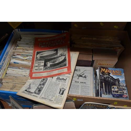 553 - THREE BOXES OF VINTAGE HOBBY EPHEMERA, to include Meccano Magazine with issues ranging from 1926 to ... 