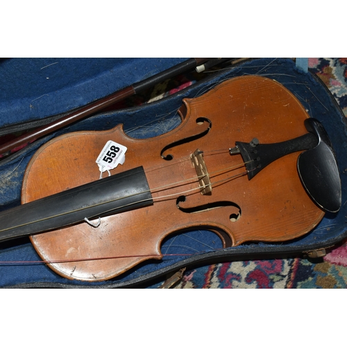 558 - AN UNBRANDED 20TH CENTURY VIOLIN IN HARD CASE, the two piece back is approximately 35cm long with a ... 