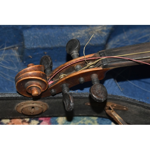 558 - AN UNBRANDED 20TH CENTURY VIOLIN IN HARD CASE, the two piece back is approximately 35cm long with a ... 