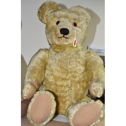 561 - FOUR VINTAGE JOINTED TEDDY BEARS, comprising a golden plush bear with a growler requiring attention ... 