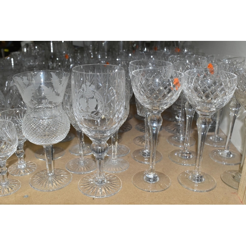 563 - A QUANTITY OF CUT GLASS DRINKING GLASSES ETC, to include sets of large and small wine glasses, brand... 