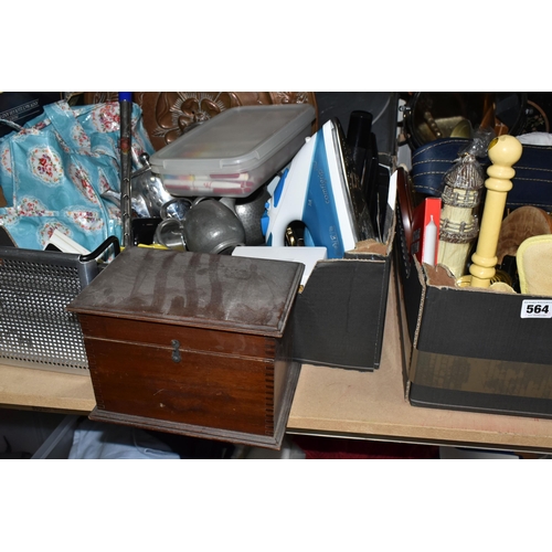 564 - TWO BOXES AND LOOSE ASSORTED SUNDRY ITEMS ETC, to include an Akai AP-A100 turntable - untested, two ... 