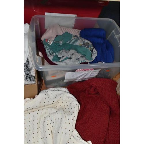 565 - SIX BOXES OF LADIES' CLOTHES AND SHOES ETC, to include cardigans, jumpers and dresses, brands includ... 