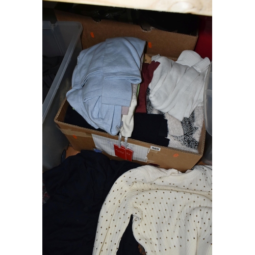 565 - SIX BOXES OF LADIES' CLOTHES AND SHOES ETC, to include cardigans, jumpers and dresses, brands includ... 