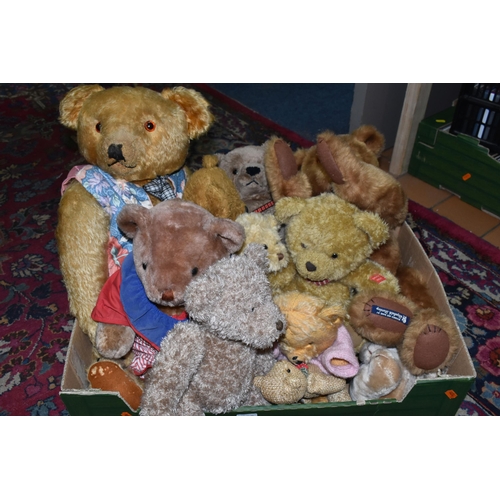 568 - THREE BOXES OF SOFT TOYS AND TEDDY BEARS, maker's names include Harlington, Russ, Lefray Toys Ltd. e... 