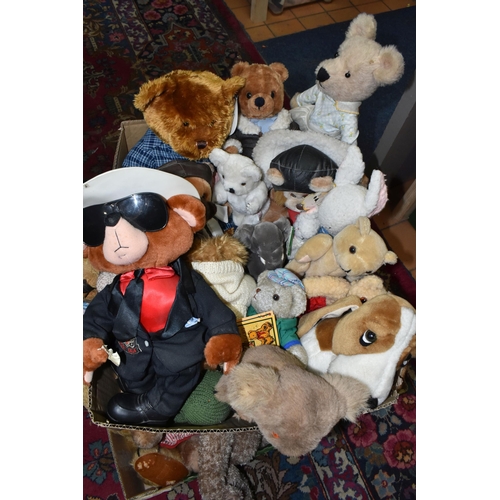 568 - THREE BOXES OF SOFT TOYS AND TEDDY BEARS, maker's names include Harlington, Russ, Lefray Toys Ltd. e... 