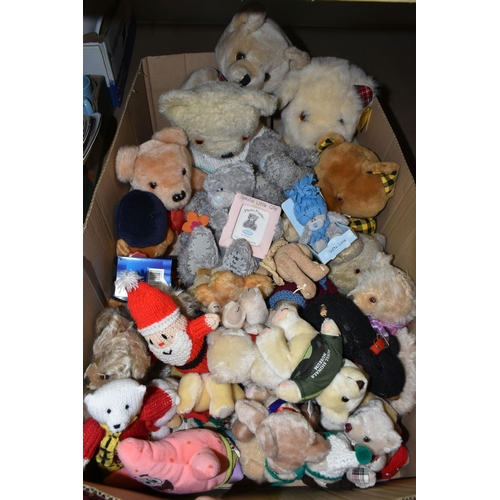 568 - THREE BOXES OF SOFT TOYS AND TEDDY BEARS, maker's names include Harlington, Russ, Lefray Toys Ltd. e... 