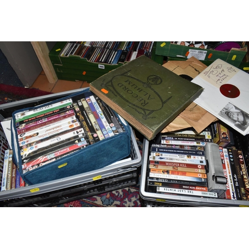 569 - TEN BOXES OF CDS, DVDS, LPS & SINGLE RECORDS containing several hundred CDs, categories include, pop... 