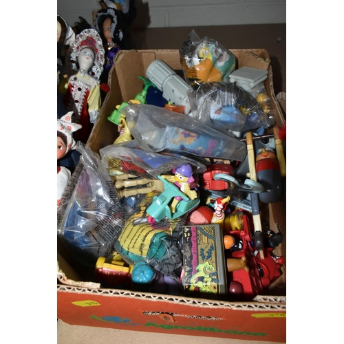 570 - THREE BOXES OF MISCELLANEOUS SOUVENIR DOLLS, to include a collection of McDonalds toys, pop-up puppe... 