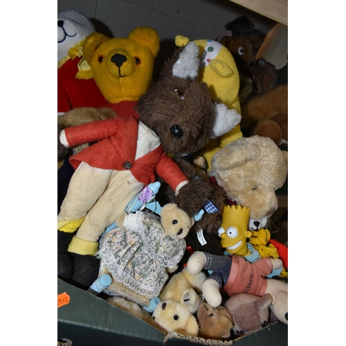 571 - TWO BOXES OF SOFT TOYS AND TEDDY BEARS, to include Rupert Bear, Pudsey Bear, Super Ted, Roland Rat, ... 