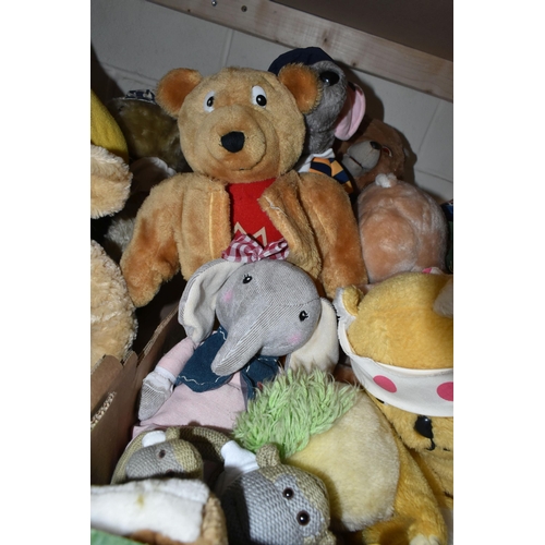 571 - TWO BOXES OF SOFT TOYS AND TEDDY BEARS, to include Rupert Bear, Pudsey Bear, Super Ted, Roland Rat, ... 