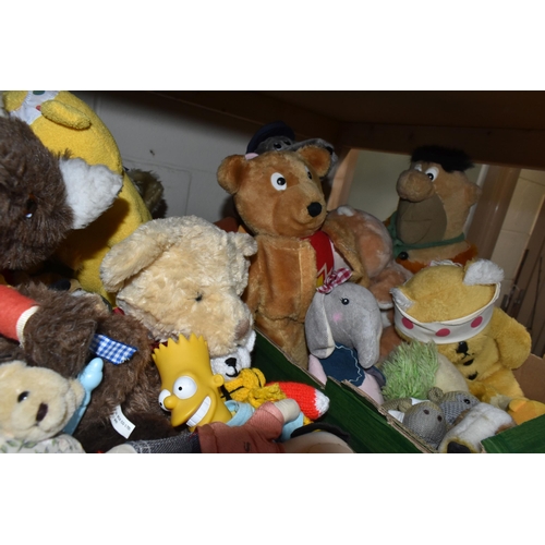 571 - TWO BOXES OF SOFT TOYS AND TEDDY BEARS, to include Rupert Bear, Pudsey Bear, Super Ted, Roland Rat, ... 